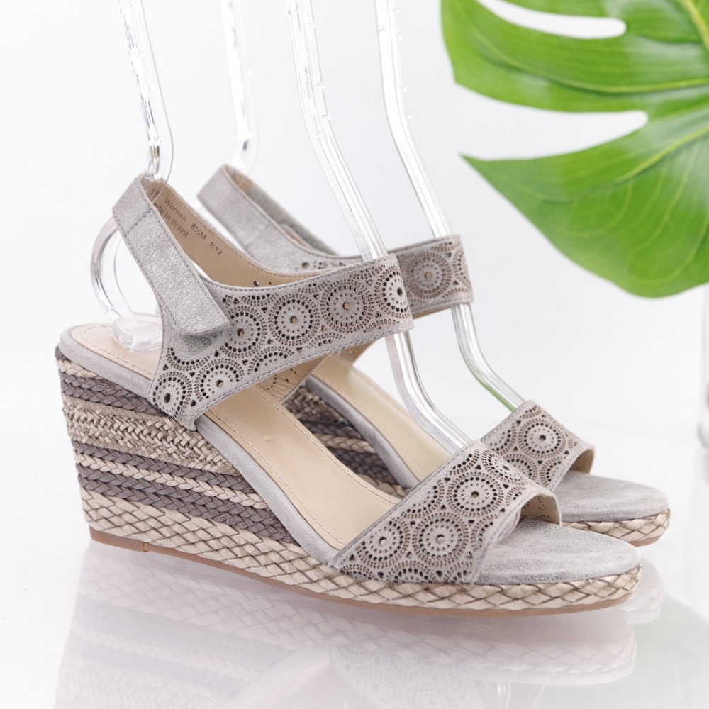 Johnston Murphy Womens Sandals Size 8.5 Grey Leather Decoupage Wedge Espadrilles